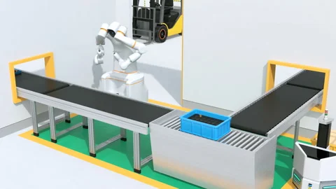 Dual-arm robot move into cell-production space and assembly motor coils Stock Footage 114411796