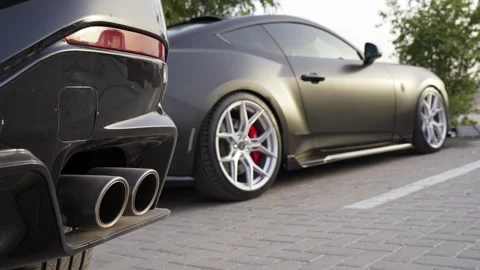 Dual Car Exhaust Pipe Close Up Stock Footage 336643386