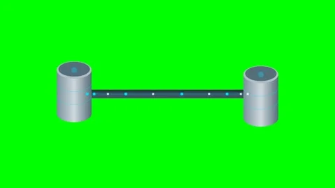Dual Cylinder Database Synchronization Bridge with Neon Aqua Data Stream in.. Stock Footage 346984474