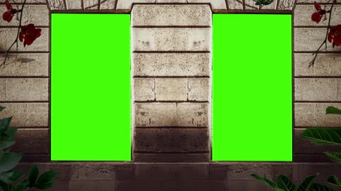Dual Green Screen Window Mockup in Rustic Stone Wall With Tropical Foliage Stock Footage 341598499