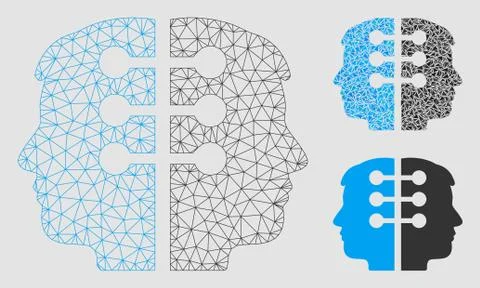 Dual Head Interface Vector Mesh Network Model and Triangle Mosaic Icon Illustrazione stock