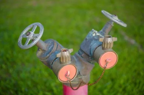 Dual head pipe modern hydrant in front of green grass Stock Photos