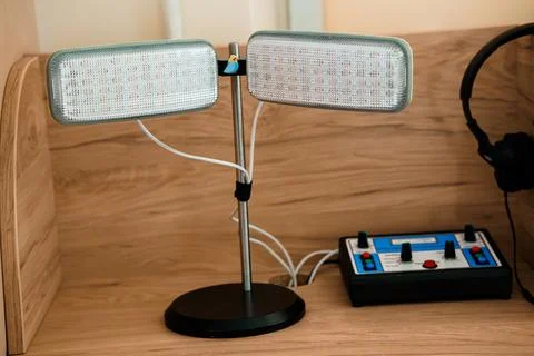 Dual LED light panels mounted on stand with control box connected via cable.. Stock Photos