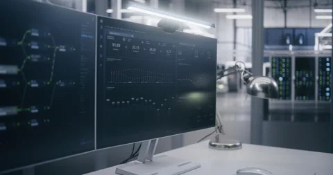 Dual Monitors Displaying Automation Process Flow and System Metrics Stock Footage 325422105