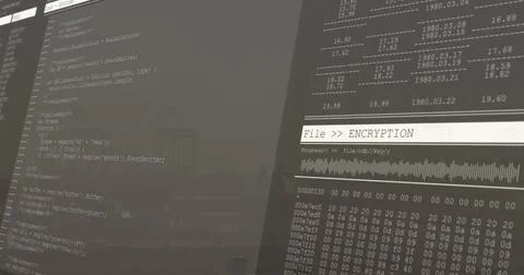 Dual monitors displaying File  ENCRYPTION code, data table, hex dump in office, 写真素材