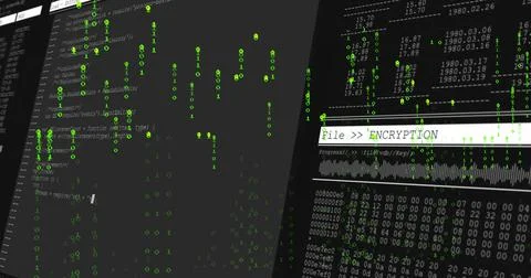 Dual monitors displaying File  ENCRYPTION text, binary and hex dump in lab, with Stock Photos