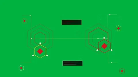 Dual-node tech network animating on data sync, pulsing link, orbiting hexes on Stock Footage 334118700