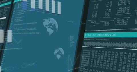 Dual panels revealing encryption, scrolling code, shifting globes and hex during Stockbeeldmateriaal 330893492