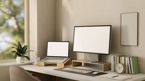 Dual screen mockup with blank desktop monitor and laptop on modern office d.. Stock Illustration