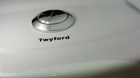 Dual silver push button on white Twyford water closet. Stock Footage 314085259
