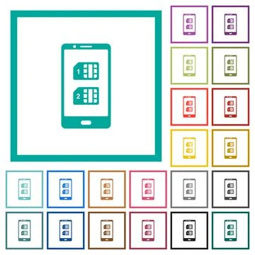 Dual SIM mobile flat color icons with quadrant frames Stockillustratie