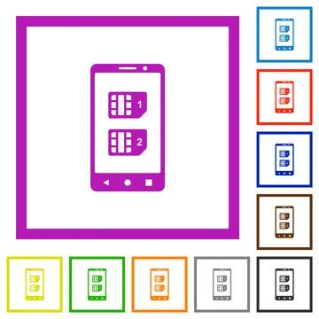 Dual SIM mobile flat framed icons Stock Illustration
