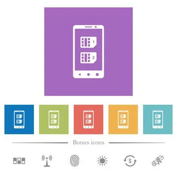 Dual SIM mobile flat white icons in square backgrounds Stock Illustration