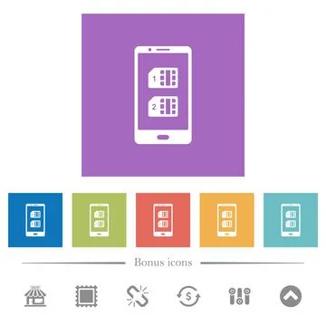 Dual SIM mobile flat white icons in square backgrounds Stock Illustration