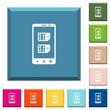 Dual SIM mobile white icons on edged square buttons Stock Illustration