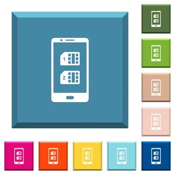 Dual SIM mobile white icons on edged square buttons Stock Illustration