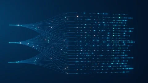 Dual Source Neural Network Dot Matrix Bokeh Blue Green Orange Background AI Stock Footage 336210995