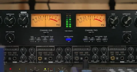 Dual VU meter sound level indicator. Peak program meter. Classic moving needle Stock Footage 155105912