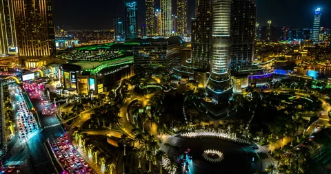 Dubai. 25/02/22. Static time lapse. Night view of Burj Khalifa. Famous founta Stock Footage 257049164