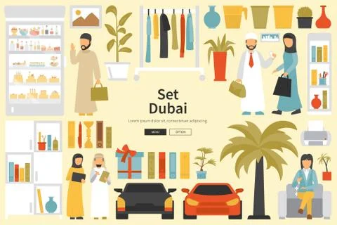 Dubai Big Collection in flat design concept. Furniture and People Set Interior Stock Illustration