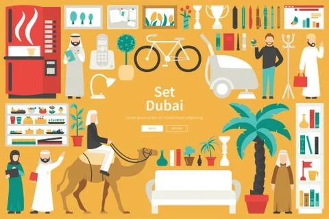 Dubai Big Collection in flat design concept. Furniture and People Set Interior Stock Illustration