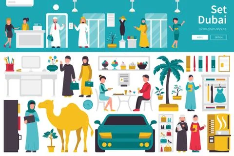 Dubai Big Collection in flat design concept. Furniture and People Set Interior Stock Illustration
