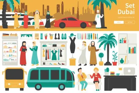 Dubai Big Collection in flat design concept. Furniture and People Set Interior Stock Illustration