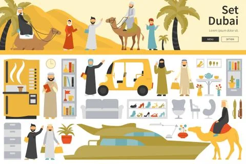 Dubai Big Collection in flat design concept. Furniture and People Set Interior Stock Illustration