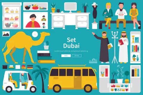 Dubai Big Collection in flat design concept. Furniture and People Set Interior Stock Illustration