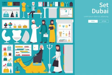 Dubai Big Collection in flat design concept. Furniture and People Set Interior Stock Illustration