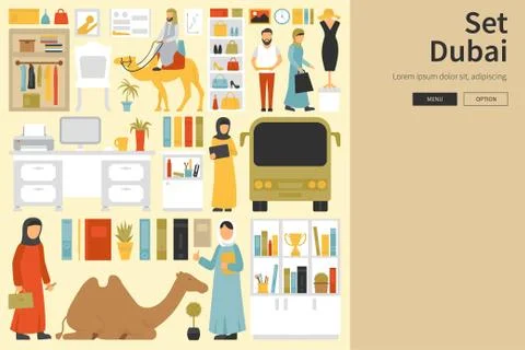 Dubai Big Collection in flat design concept. Furniture and People Set Interior Stock Illustration