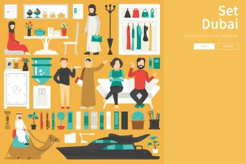 Dubai Big Collection in flat design concept. Furniture and People Set Interior Stock Illustration
