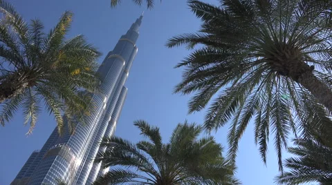 Dubai, Burj Khalifa tower, palm trees, blue skies, tourism Stock Footage 49021335