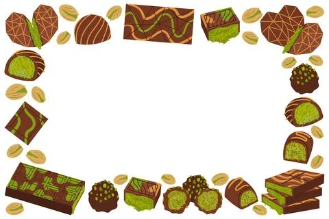 Dubai chocolate vector frame of  bars and truffles with green pistachio kna.. Stock Illustration