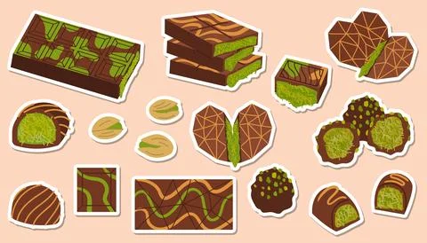 Dubai chocolate vector sticker set of bars and truffles with green pistachi.. Stock-Illustration