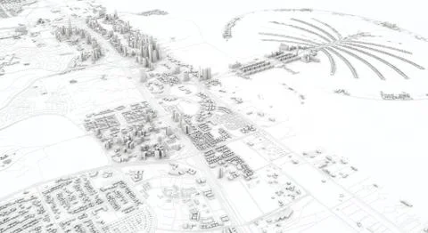 Dubai city map 3D Rendering. Aerial satellite view. Ilustración de archivo