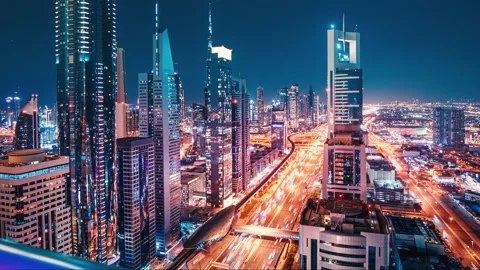 Dubai cityscape timelapse view at evening with illuminated skyscrapers Stock Footage 149593863