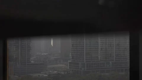 Dubai Cityscape View of Glass Elevator Going Up, Misty Skyline at Evening Stock Footage 195187220