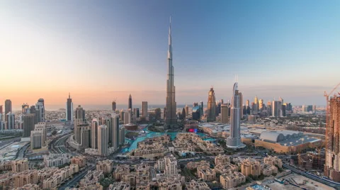 Dubai Downtown day to night timelapse view from the top in Dubai, United Arab Stock Footage