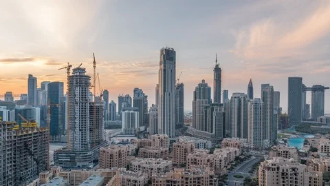 Dubai Downtown skyline during sunset timelapse with modern towers paniramic view Stock Footage