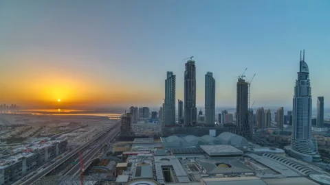 Dubai downtown with sunrise timelapse. Top view from above Stock Footage