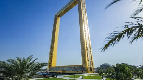 Dubai Frame, bottom-up view, best new attraction, architectural landmark in Stock Footage 112024301