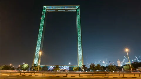 Dubai Frame building at night timelapse, new UAE attraction. Burj khalifa inside Видео 101421755