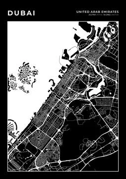 Dubai Map Wall Art Frame, Cartography Map Print, City Layout Map Stock Illustration