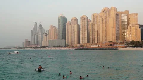 Dubai Mareina skyline at sunset Stock Footage 12553594