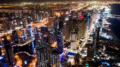 Dubai Marina, Aerial drone view at night Stock Footage