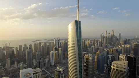 Dubai Marina Aerial tracking tower sunset footage Stock Footage