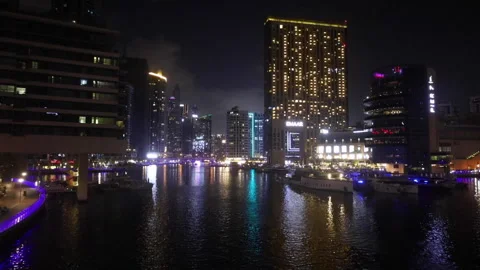 Dubai Marina Canal reflection at night Stock Footage 301711557