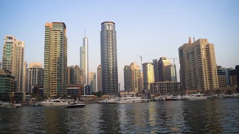Dubai Marina Moving Hyperlapse at Sunset Stock Footage 92843090