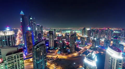 Dubai marina night illumination traffic roof top panorama 4k time lapse uae Видео 54126653